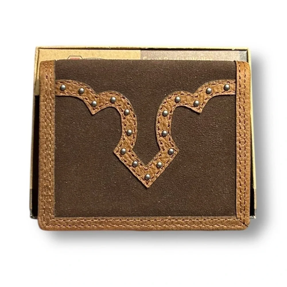 Justin Brown Genuine Leather Suede RFID Front Pocket Studded Slim Wallet Western